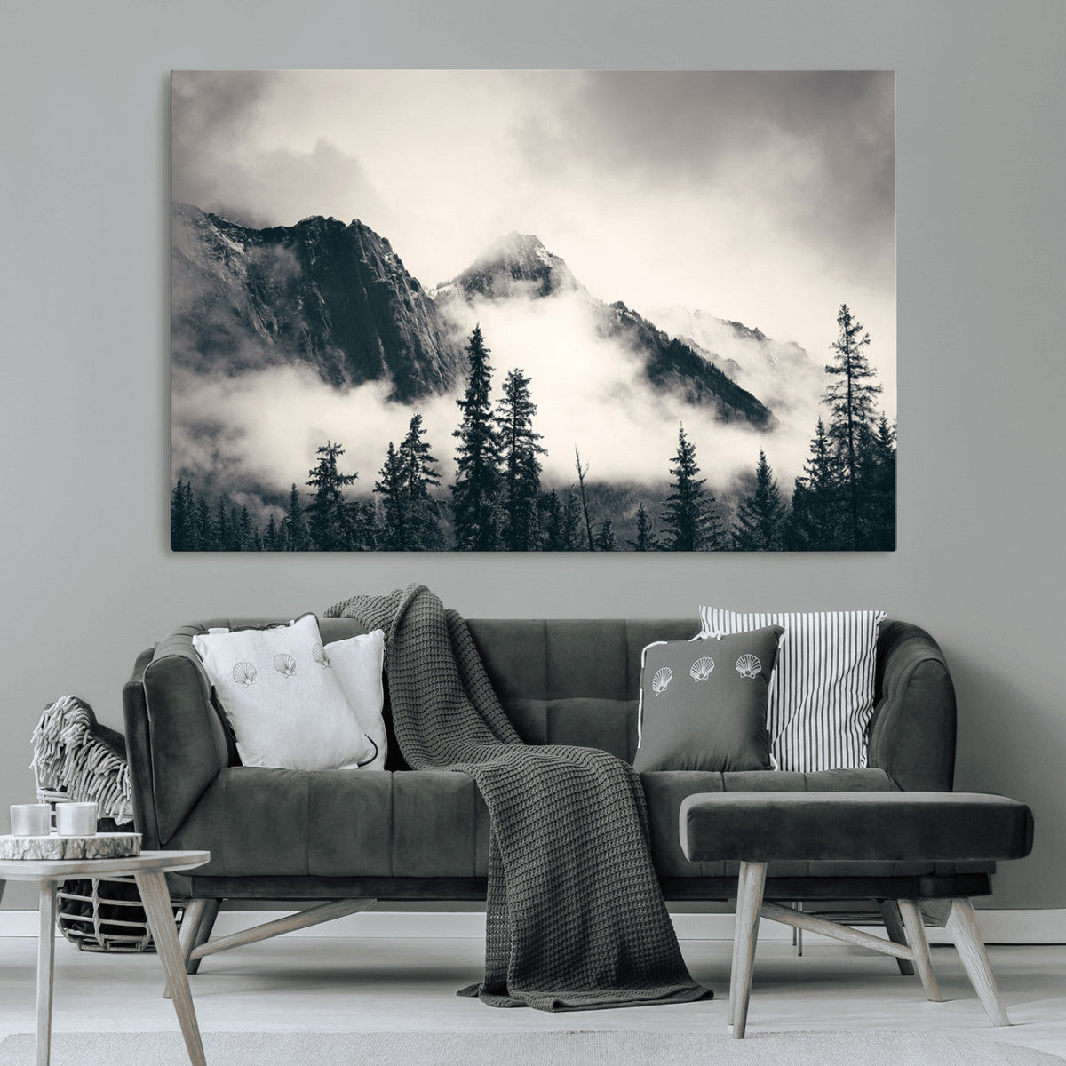 Forest Mountain Print | Black and White Canvas Wall Art with Misty Forest Design