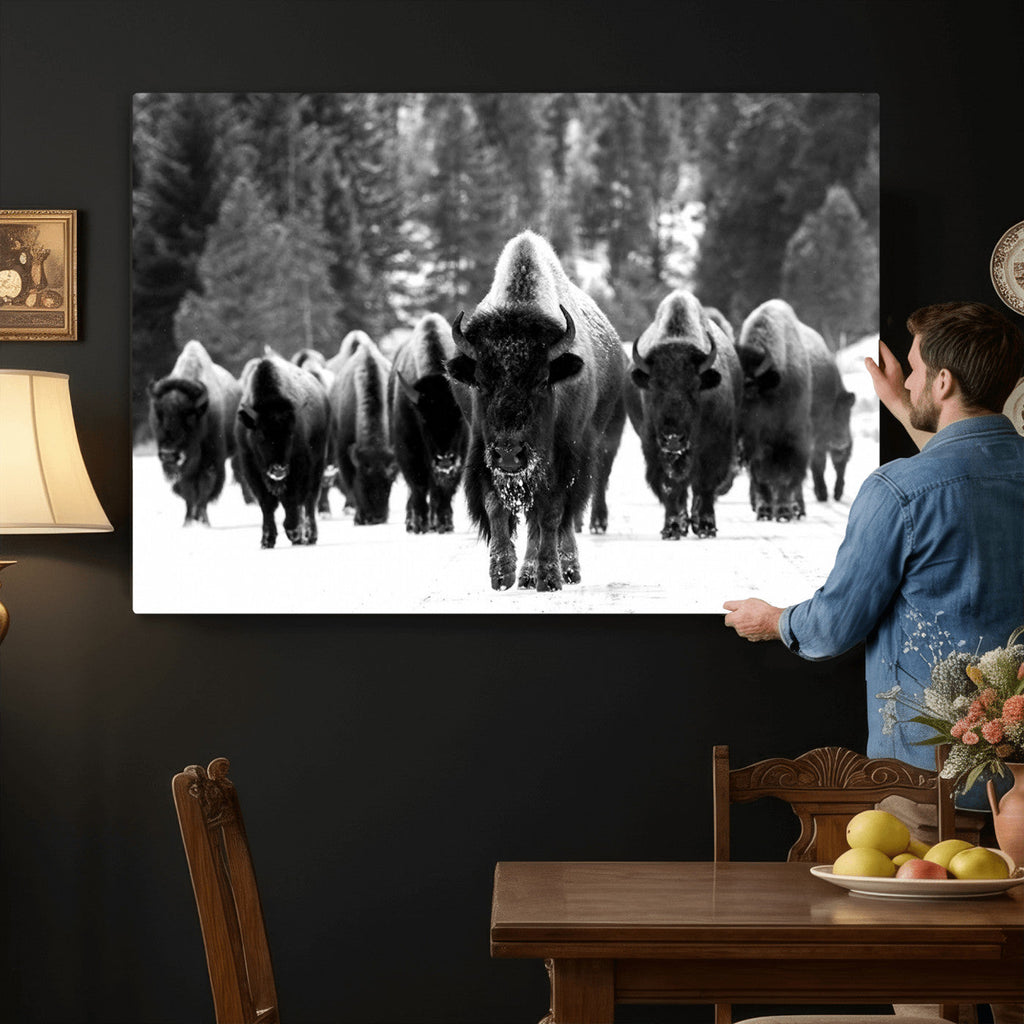 Bison Herd in Snow Wall Art Canvas Print | Rustic Western Bison Wall Art for Living Room and Farmhouse Decor