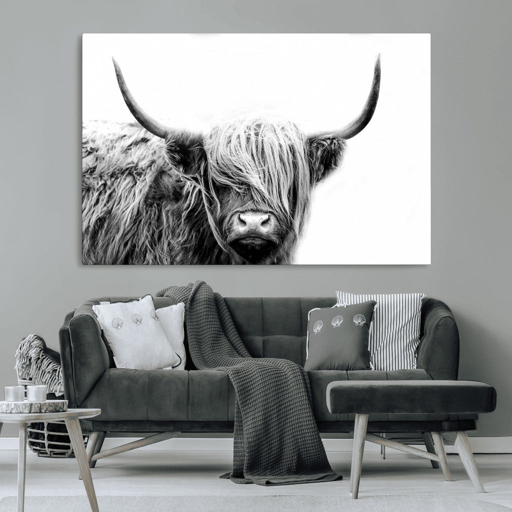 Black White Scottish Highland Cow Cattle Art Print Farmhouse Decor
