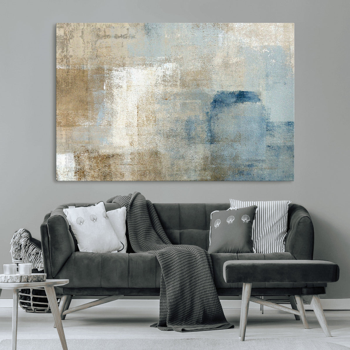 Abstract Blue and Beige Wall Art, Modern Minimalist Canvas Print Set