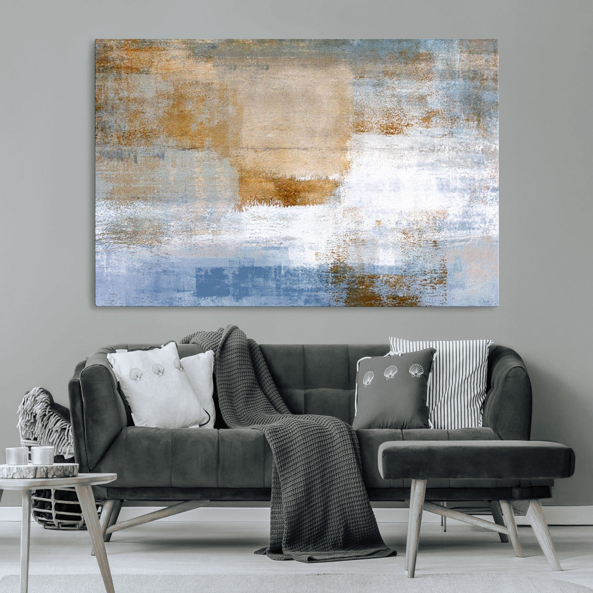 Blue Multi Panel Abstract Wall Art Canvas, Abstract Blue and Gold Canvas Print