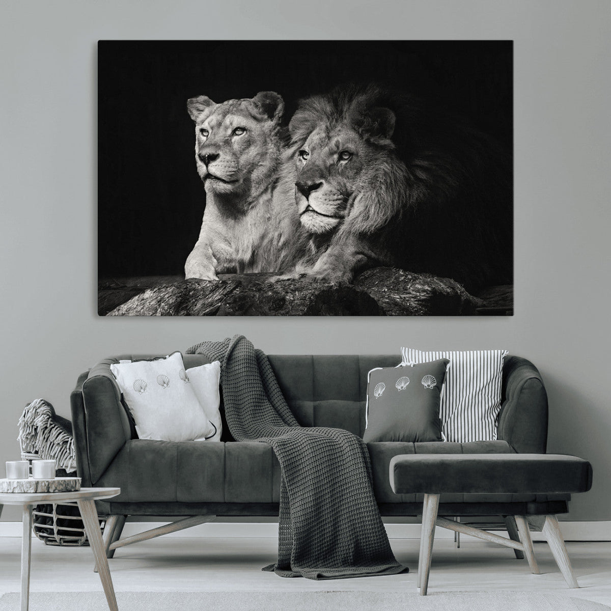 Lion Couple Wall Art Canvas Print, Elegant Black and White Wildlife Portrait