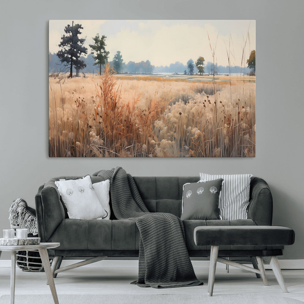 Golden Fields Canvas Wall Art Print | Serene Minimalist Landscape for Modern Decor