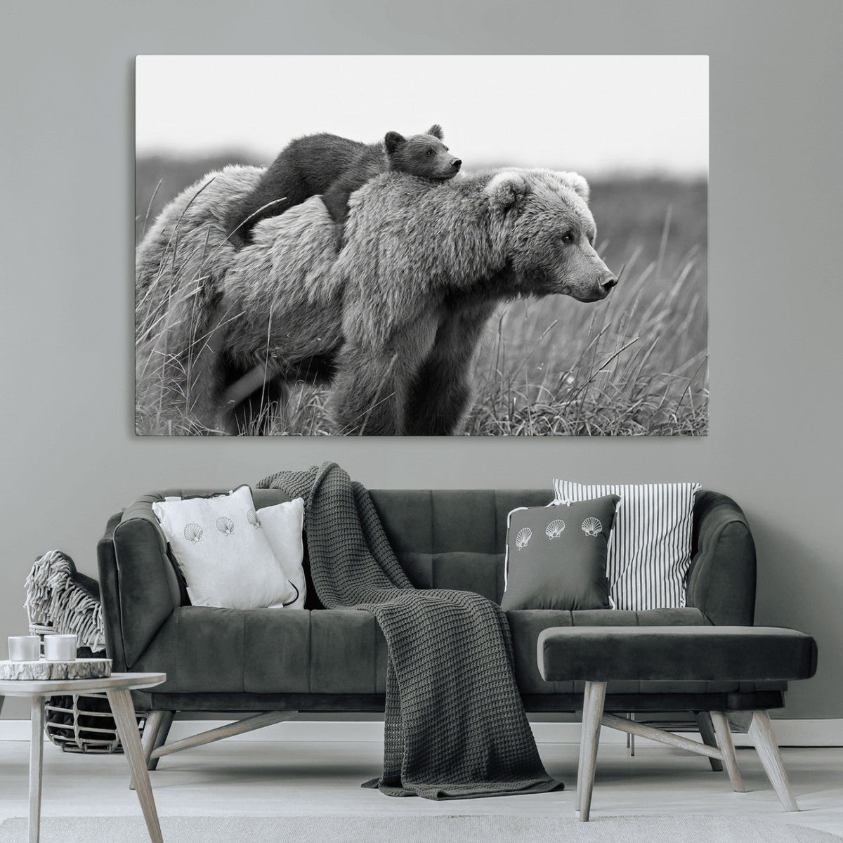 Bear and Cub Wall Art Canvas | Grizzly 399 Bear and Cub Black and White Wildlife Print