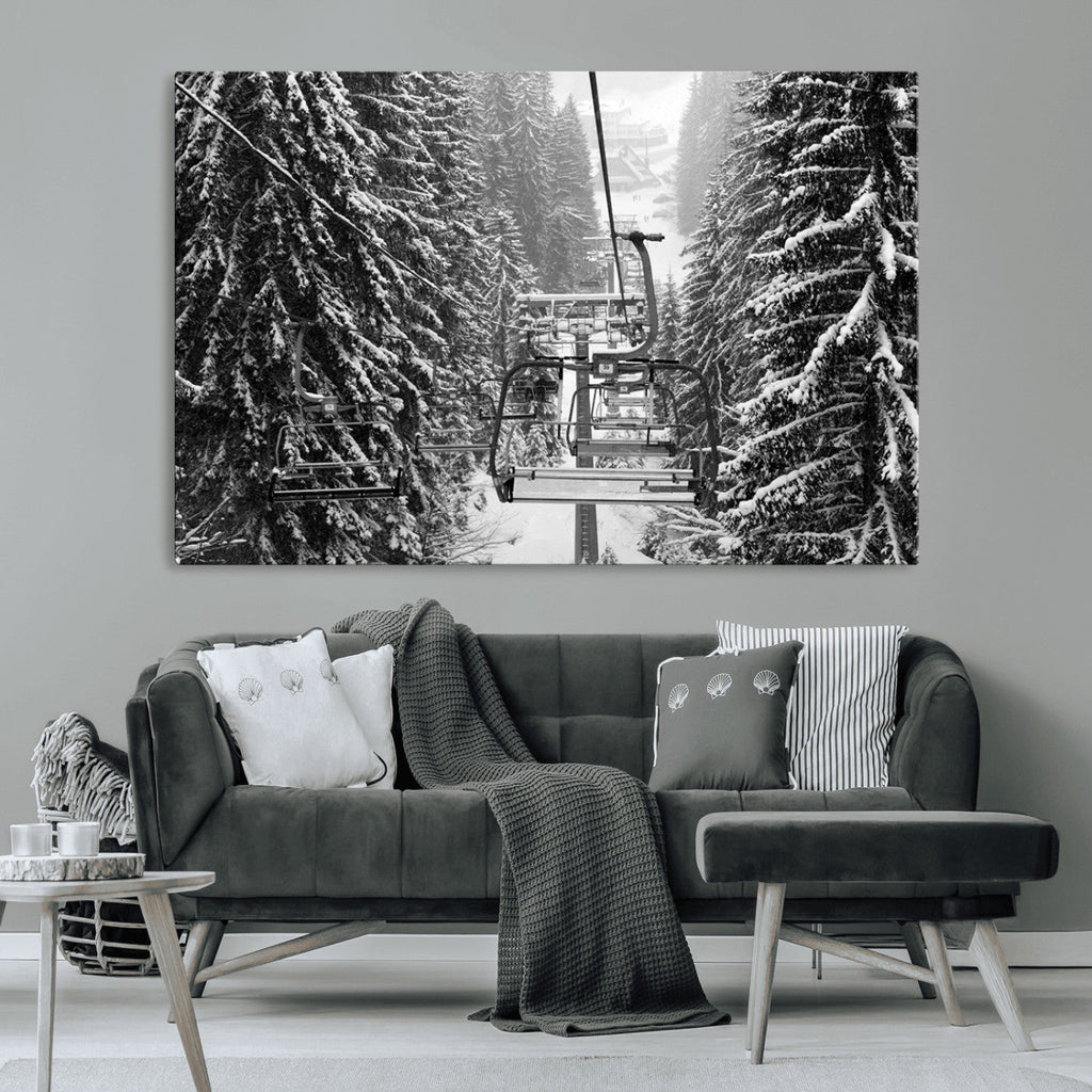 Winter Ski Lift Black and White Canvas Wall Art | Alpine Escape in Minimalist Style