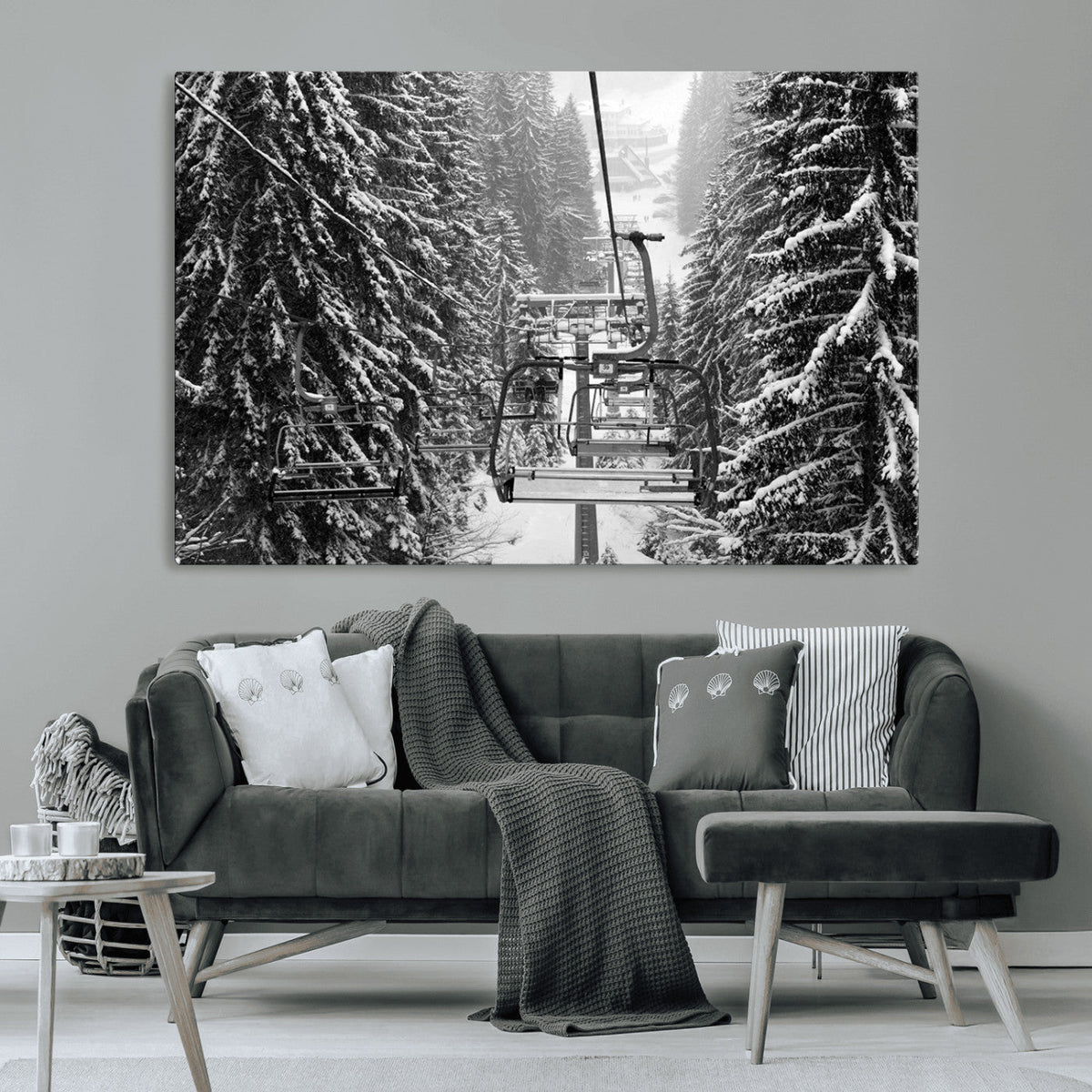Winter Ski Lift Black and White Canvas Wall Art | Alpine Escape in Minimalist Style