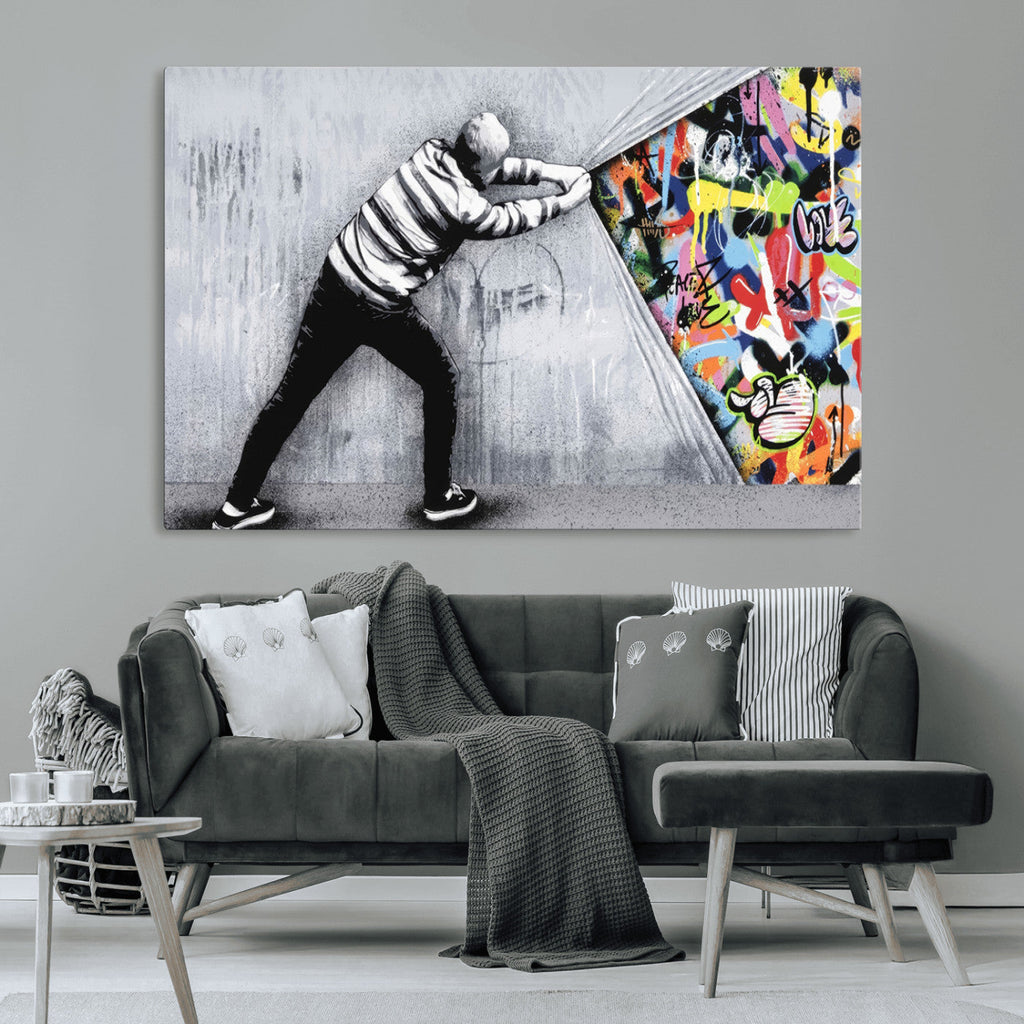 Banksy Art Behind the Curtain Street Wall Art Canvas Print | Urban Graffiti Style Wall Decor