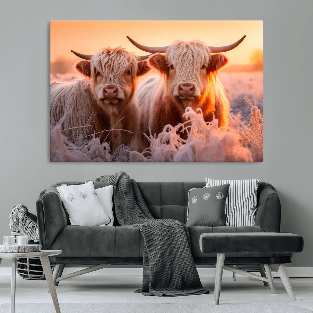 Highland Cows at Sunrise Wall Art Canvas Set