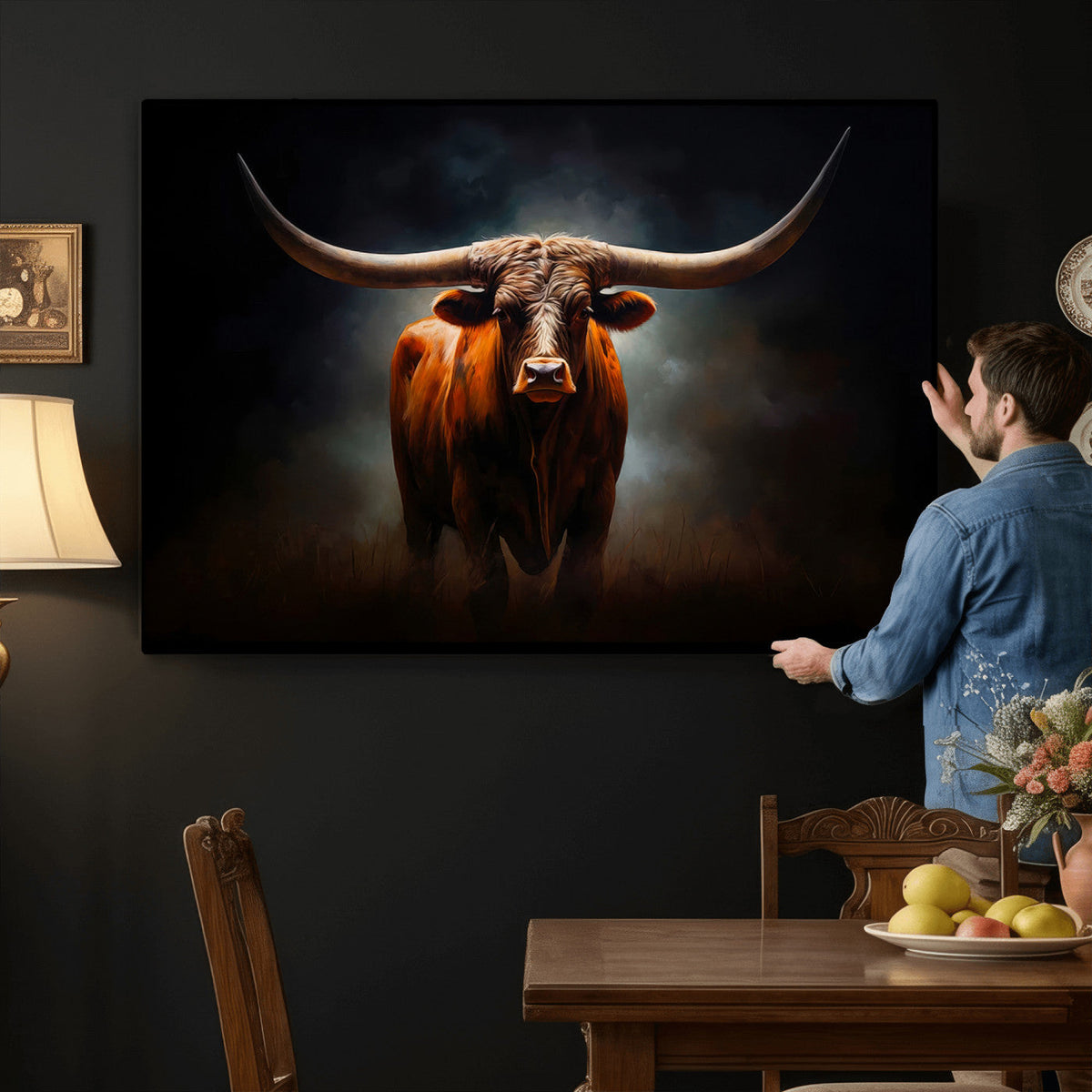 Abstract Texas Longhorn Wall Art Print | 3-Panel Large Texas Longhorn Canvas