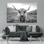 Black White Scottish Highland Cow Canvas Farm Wall Art