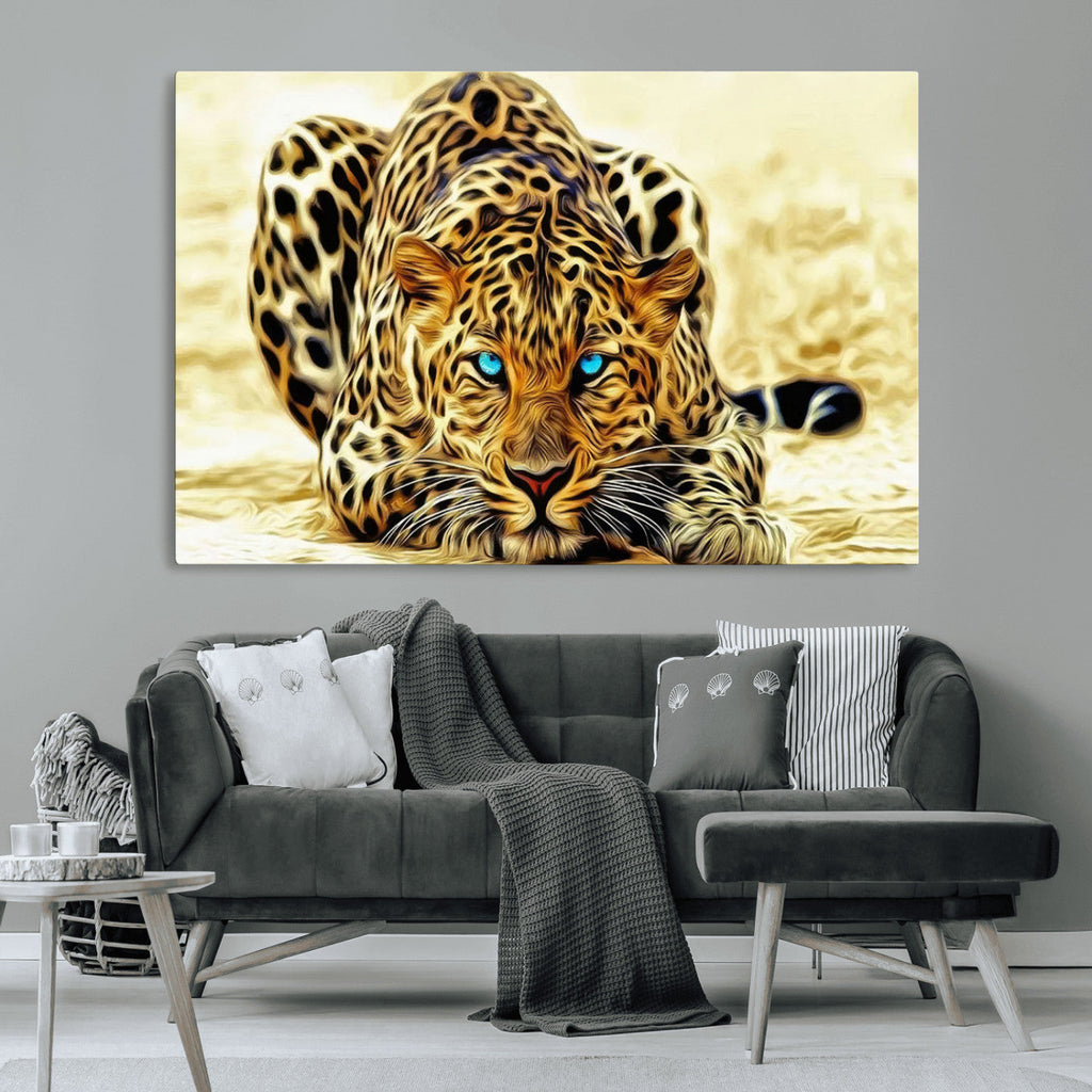 Blue-Eyed Leopard Canvas Wall Art, Framed Animal Print, Fierce and Bold Decor for Living Rooms