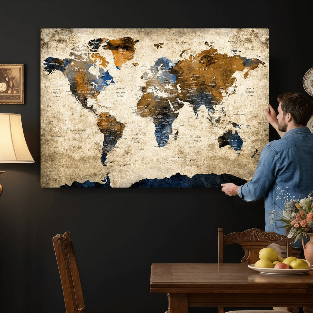 World Map Wall Art | Antique Style Blue and Brown Map Canvas Print