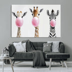 Bubblegum Animals Canvas Wall Art, Playful Giraffe and Zebra Trio, Whimsical Nursery and Kids Room Decor