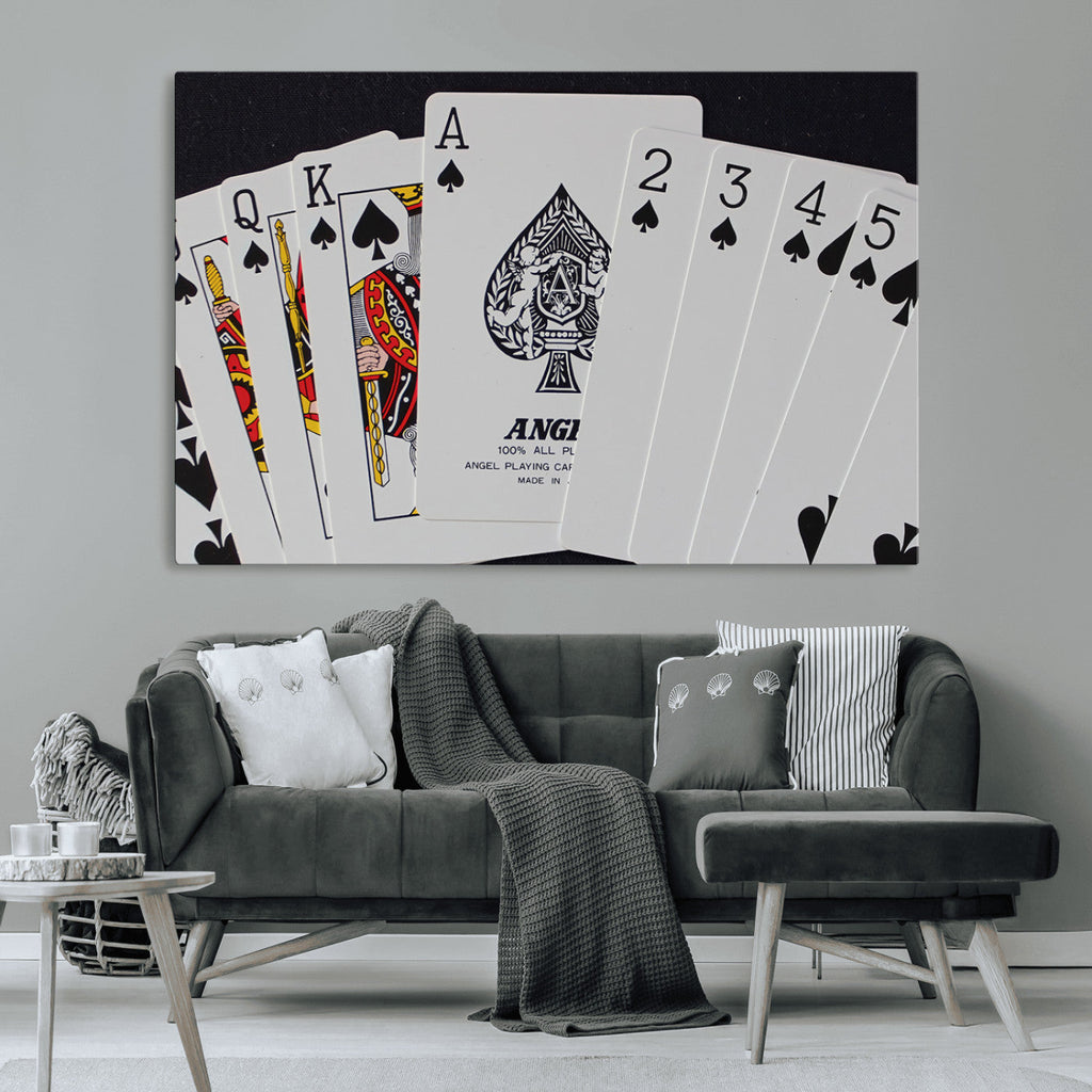 Poker Wall Art - Playing Cards Canvas Wall Art Print - Ace of Spades and Royal Flush Design