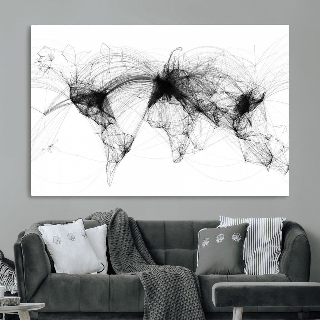Abstract World Map Wall Art | Framed Geometric Line Canvas