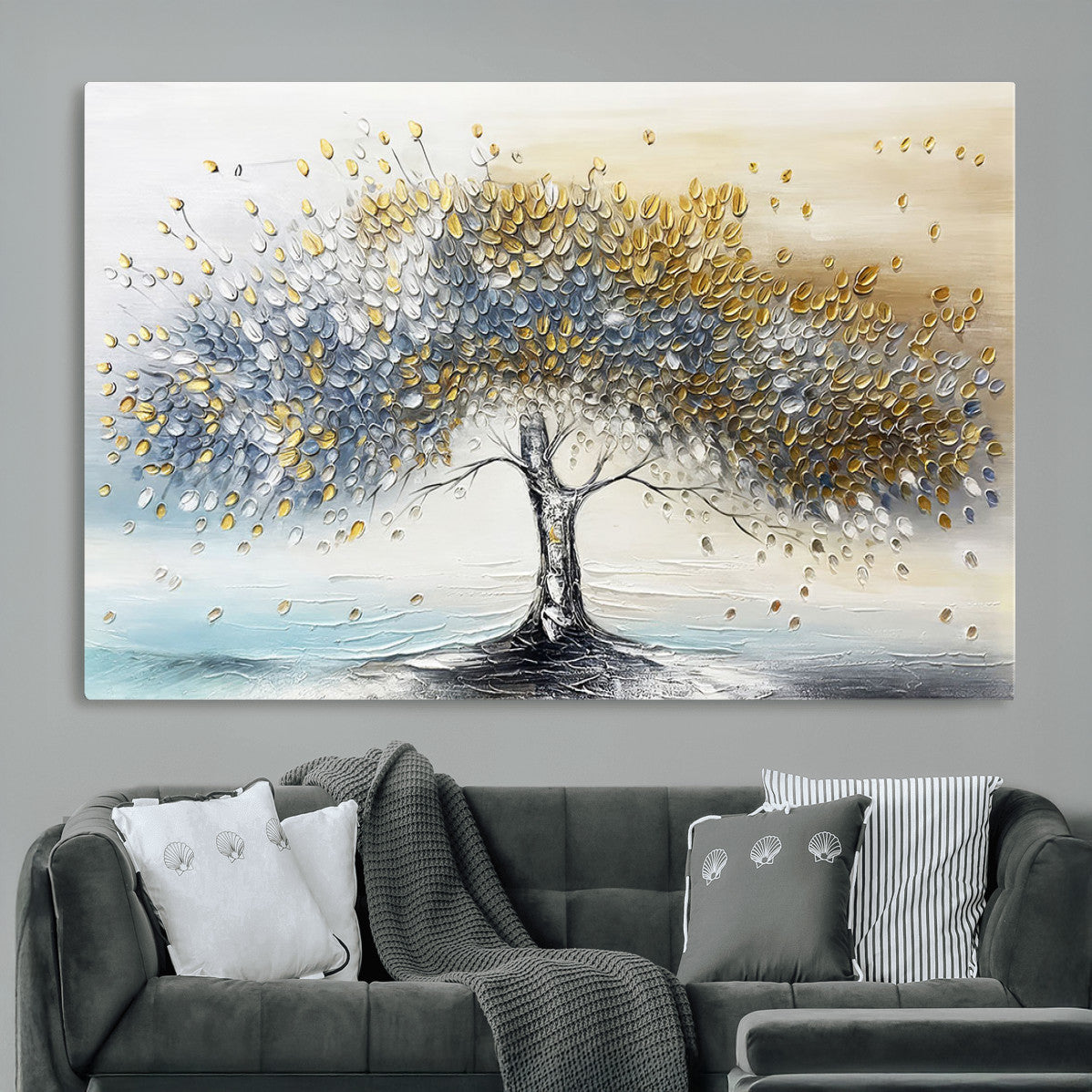 Golden and Silver Tree Wall Art | Framed Elegant Leaves Canvas