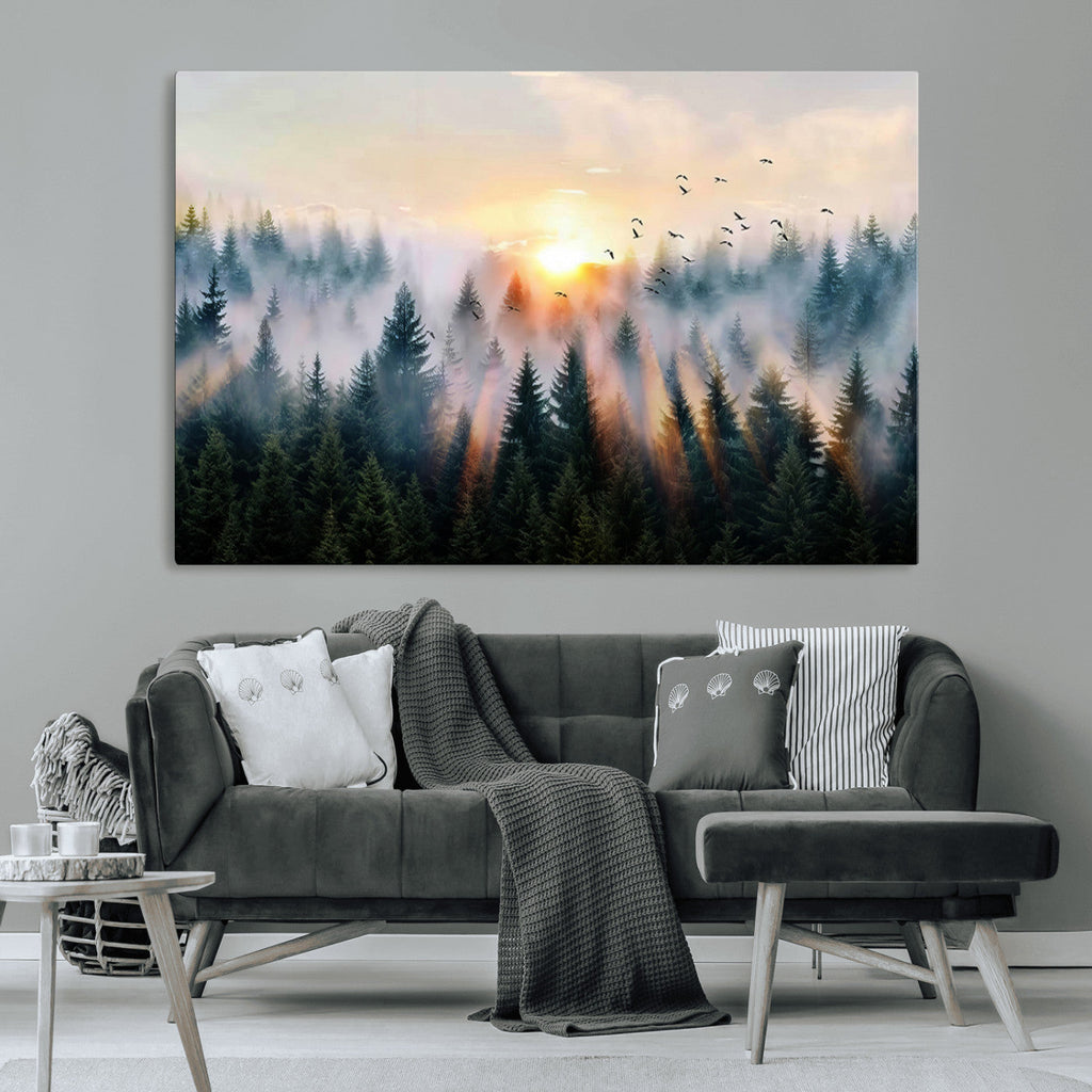 Abstract Forest Wall Art, Serene Nature Canvas Print with Misty Forest Design for Modern Home Decor
