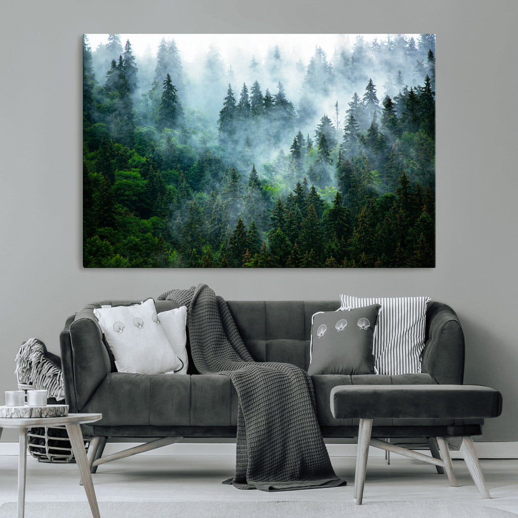 Misty Forest Wall Art Canvas Print, Framed Foggy Mountain Art, Large Scenic Woodland Canvas