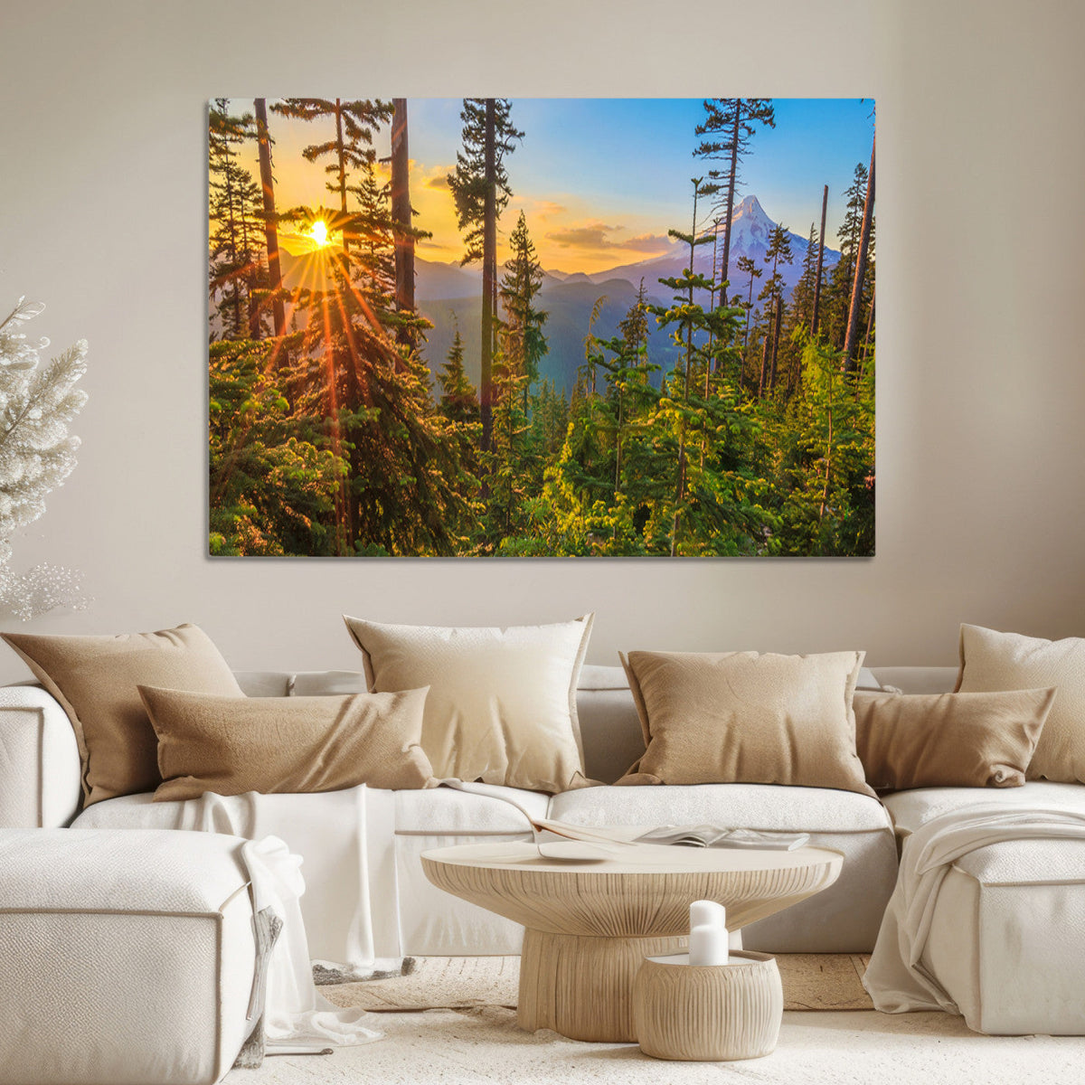 Forest Sunset Wall Art Canvas Print | Green Pines in Golden Light