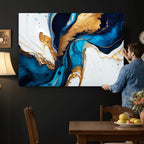 Gold Blue Abstract Canvas Print, Elegant Navy and Gold Marble Flow