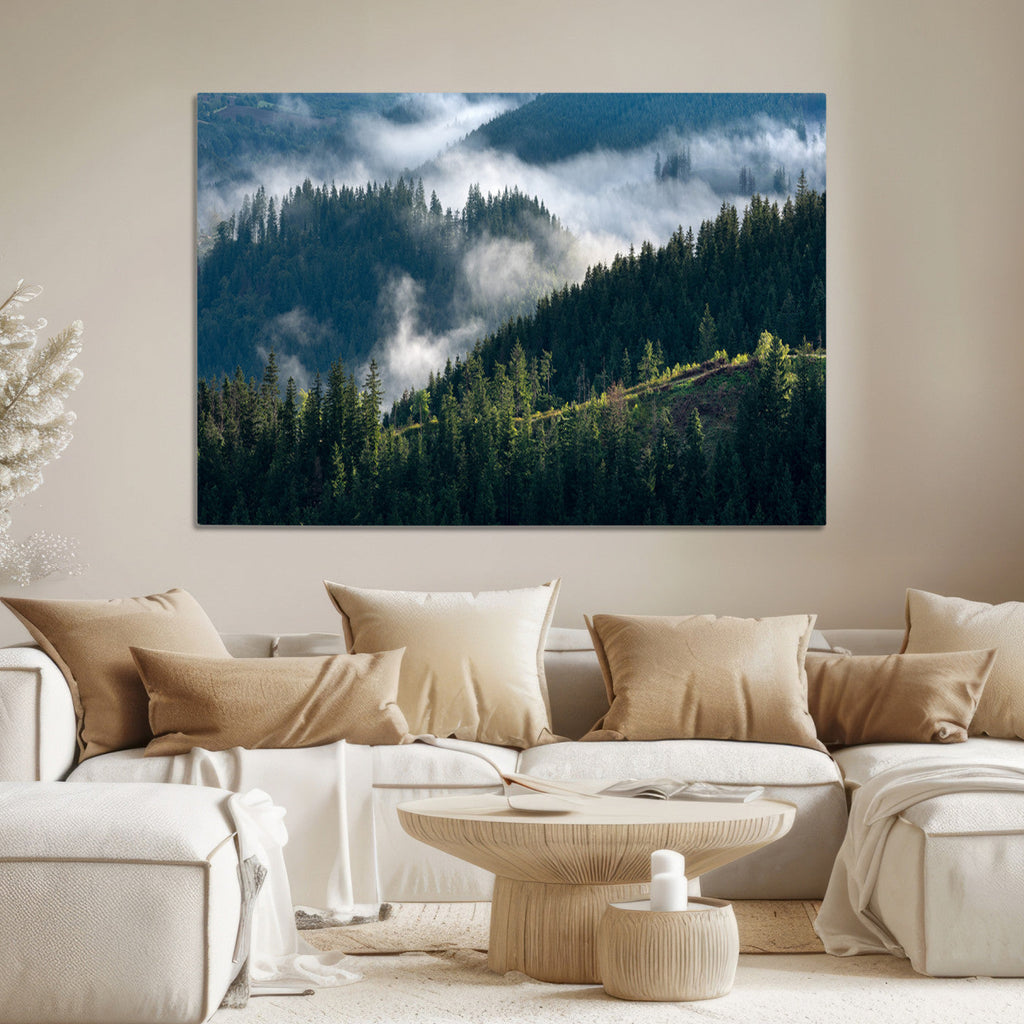 Misty Forest Wall Art Canvas Print | Pine Hills with Foggy Trees