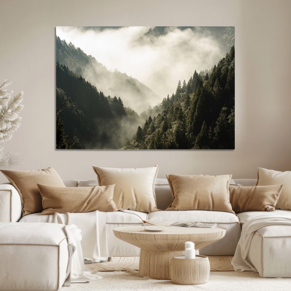 Misty Valley Wall Art Canvas Print | Foggy Forest and Pine Trees
