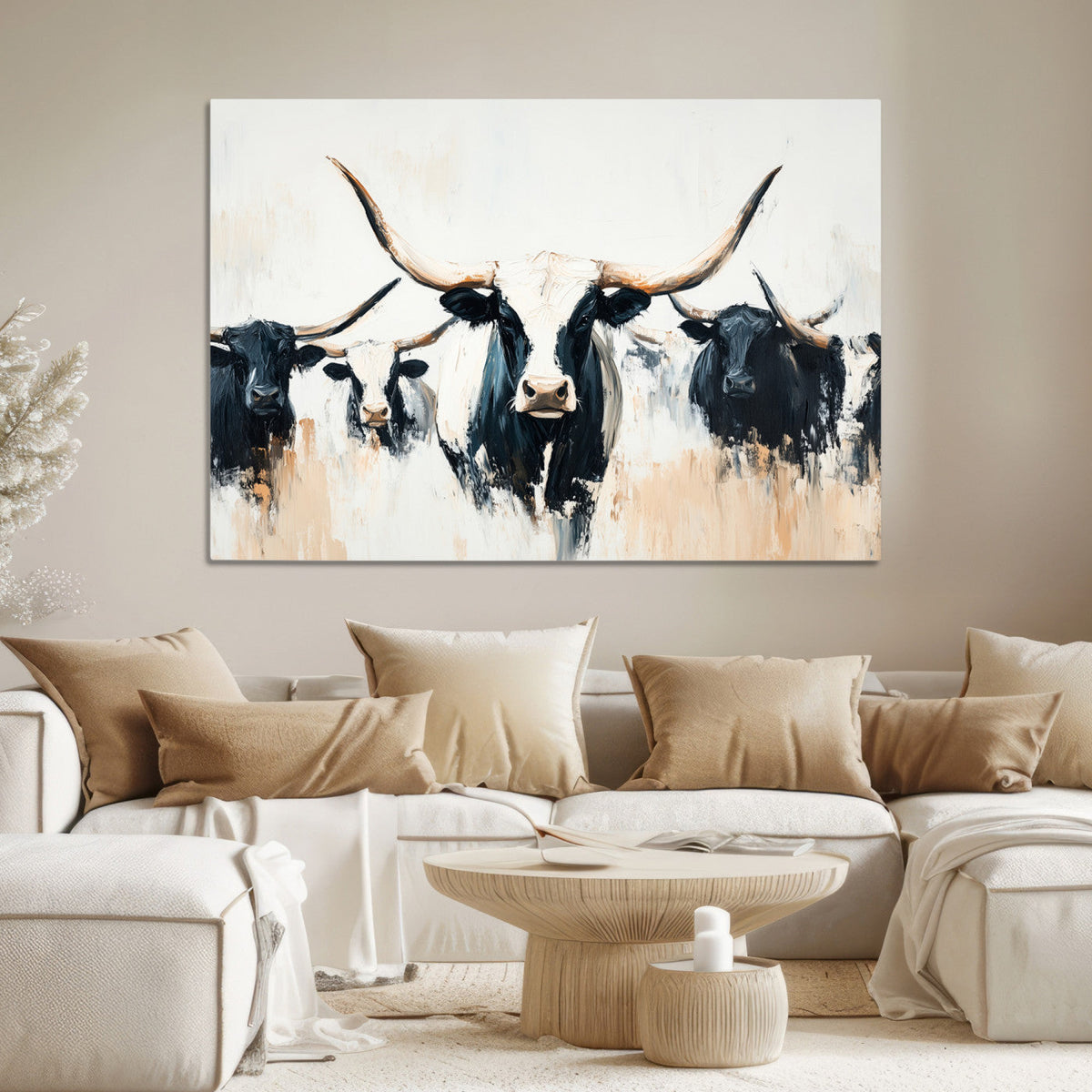 Texas Longhorn Wall Art Canvas Print | Majestic Horned Bull in Black and White
