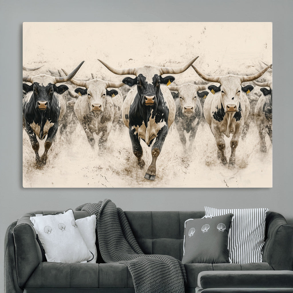 Texas Longhorn Wall Art | Framed Cattle Walking Canvas