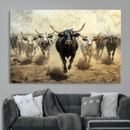 Texas Longhorn Wall Art | Framed Charging Cattle Canvas