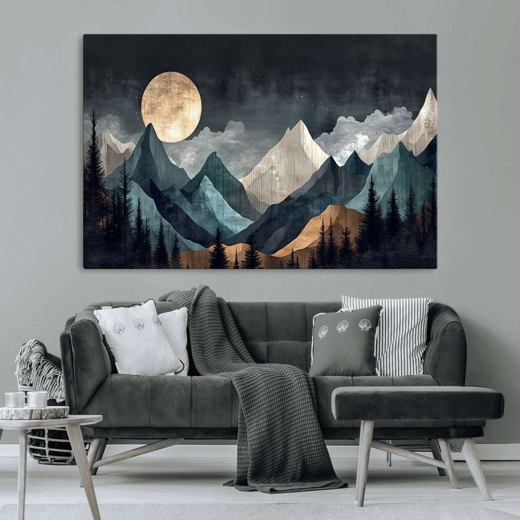 Moonlit Mountain Wall Art Canvas Print, Framed Silhouetted Pines Art, Layered Peaks Rustic Decor