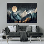 Moonlit Mountain Wall Art Canvas Print, Framed Silhouetted Pines Art, Layered Peaks Rustic Decor