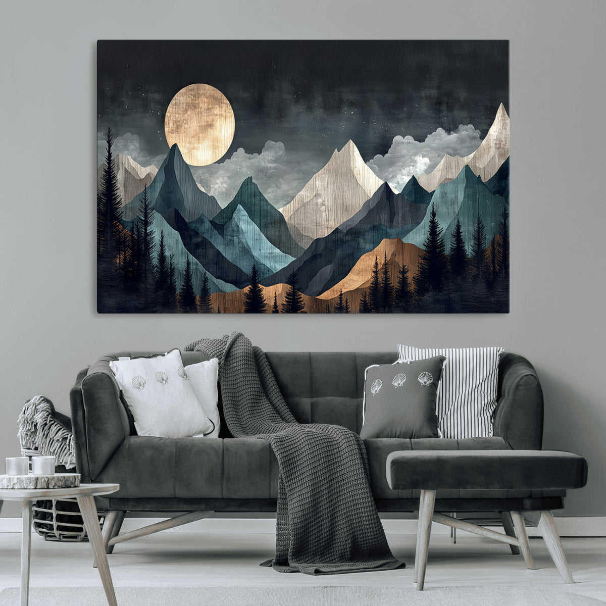 Moonlit Mountain Wall Art Canvas Print, Framed Silhouetted Pines Art, Layered Peaks Rustic Decor