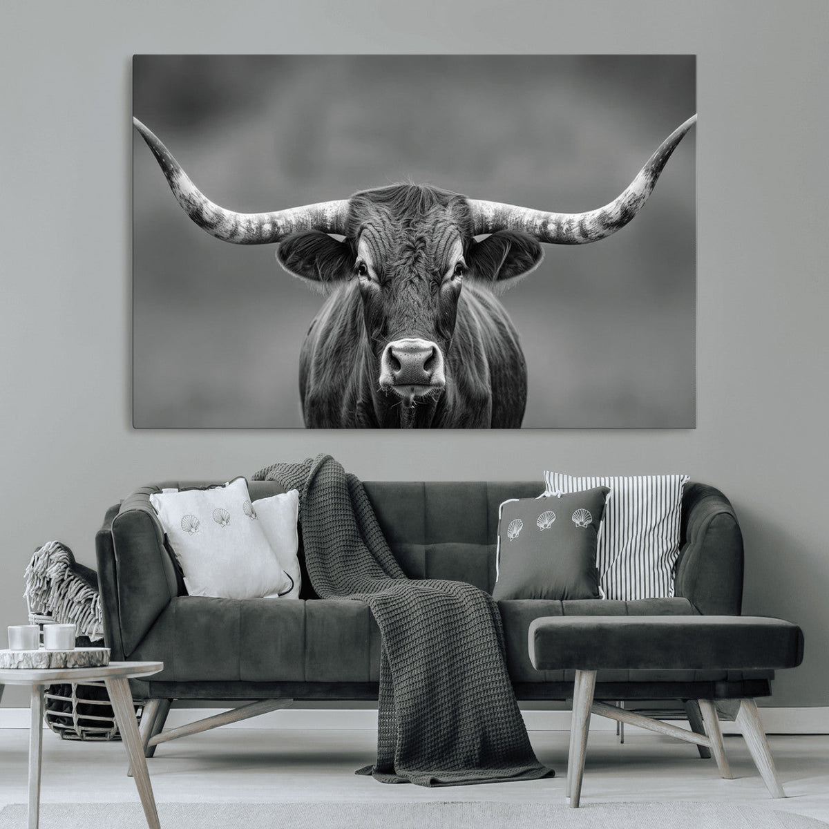 Texas Longhorn Wall Art Canvas Print, Framed Western Bull Photography, Rustic Log Cabin Decor