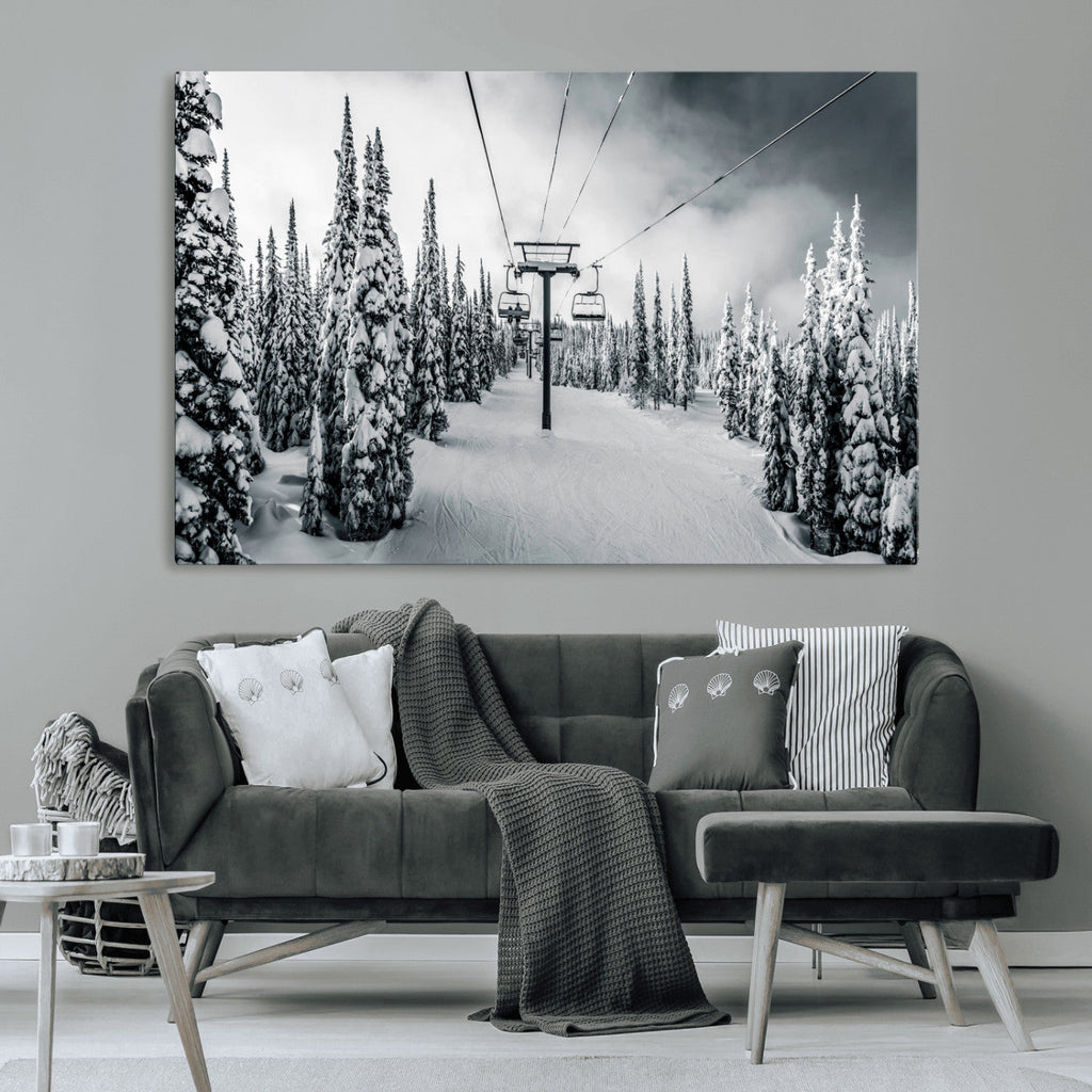 Snowy Pines Wall Art Canvas Print | Ski Lift in a Winter Forest
