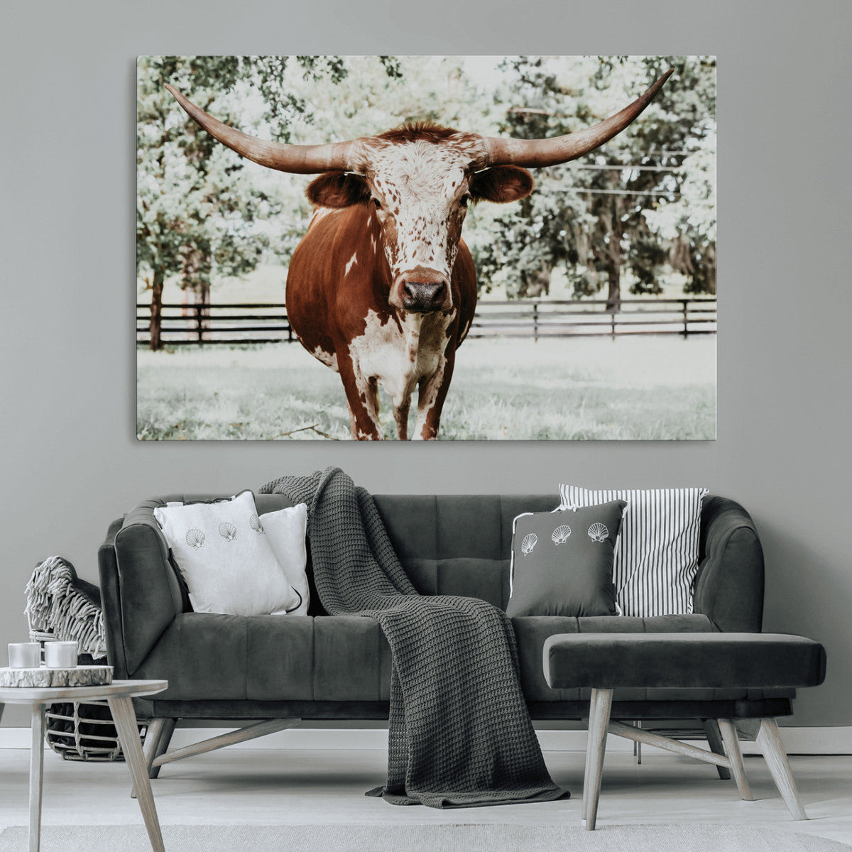 Texas Longhorn Wall Art Canvas Print | Framed Spotted Brown and White Bull