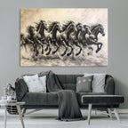 Running Horses Wall Art Canvas Print, Framed Monochrome Galloping Herd Sketch
