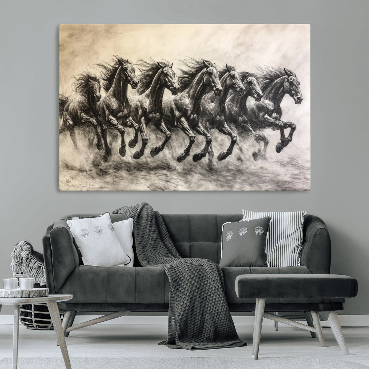 Running Horses Wall Art Canvas Print, Framed Monochrome Galloping Herd Sketch