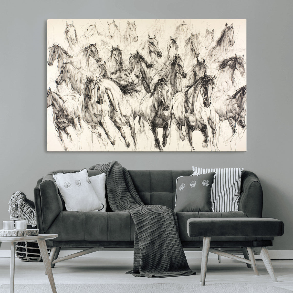 Abstract Horse Wall Art Canvas Print, Framed Horse Sketch with Galloping Herd