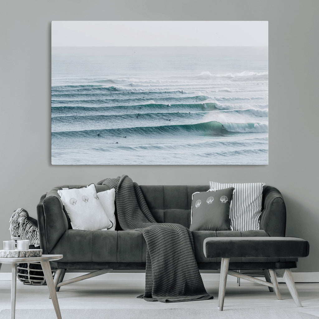 Ocean Waves Wall Art Canvas Print, Framed Surfer Lineup on a Crowded Ocean