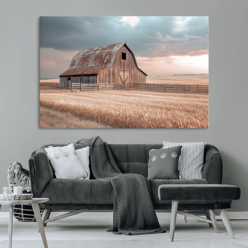 Rustic Barn Wall Art Canvas Print, Framed Wheat Field Scene