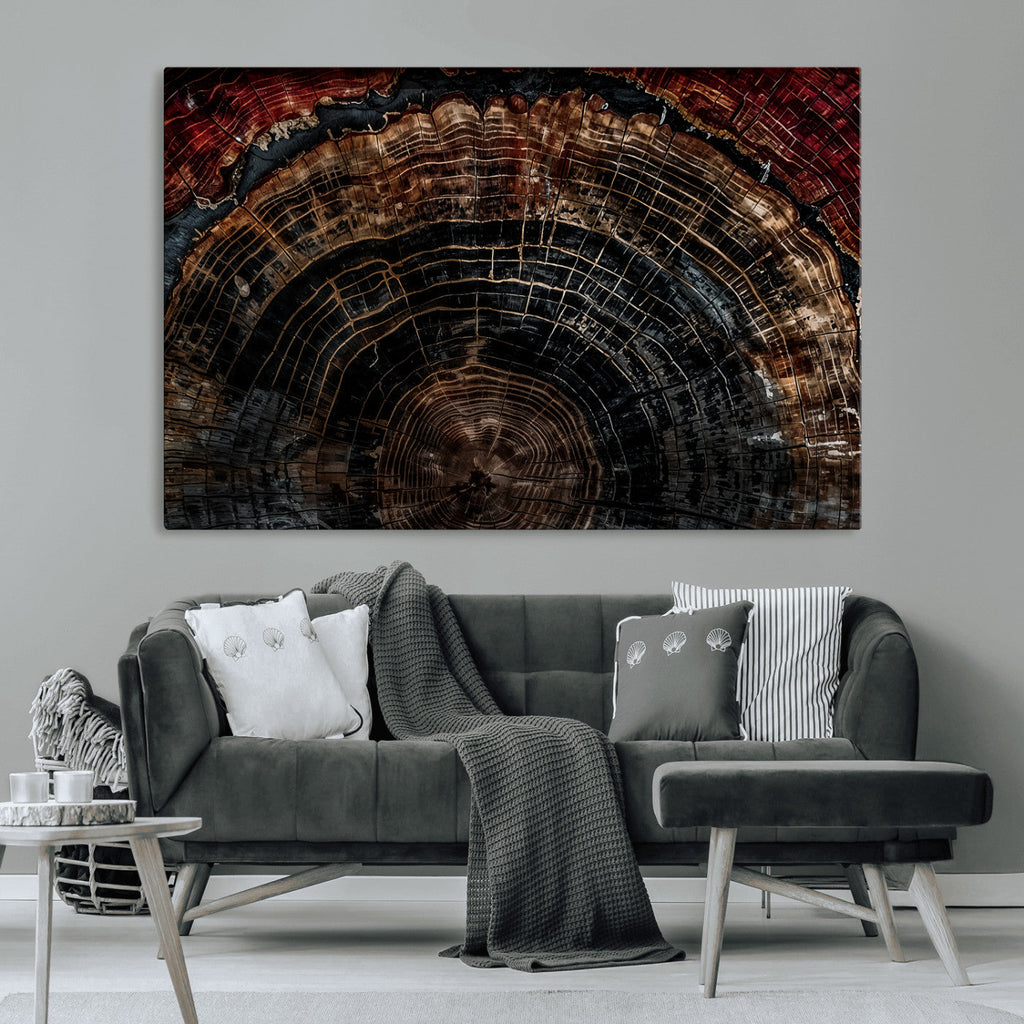 Dark Wood Ring Wall Art Canvas Print, Framed Abstract Tree Slice Print, Rustic Wood Grain Decor