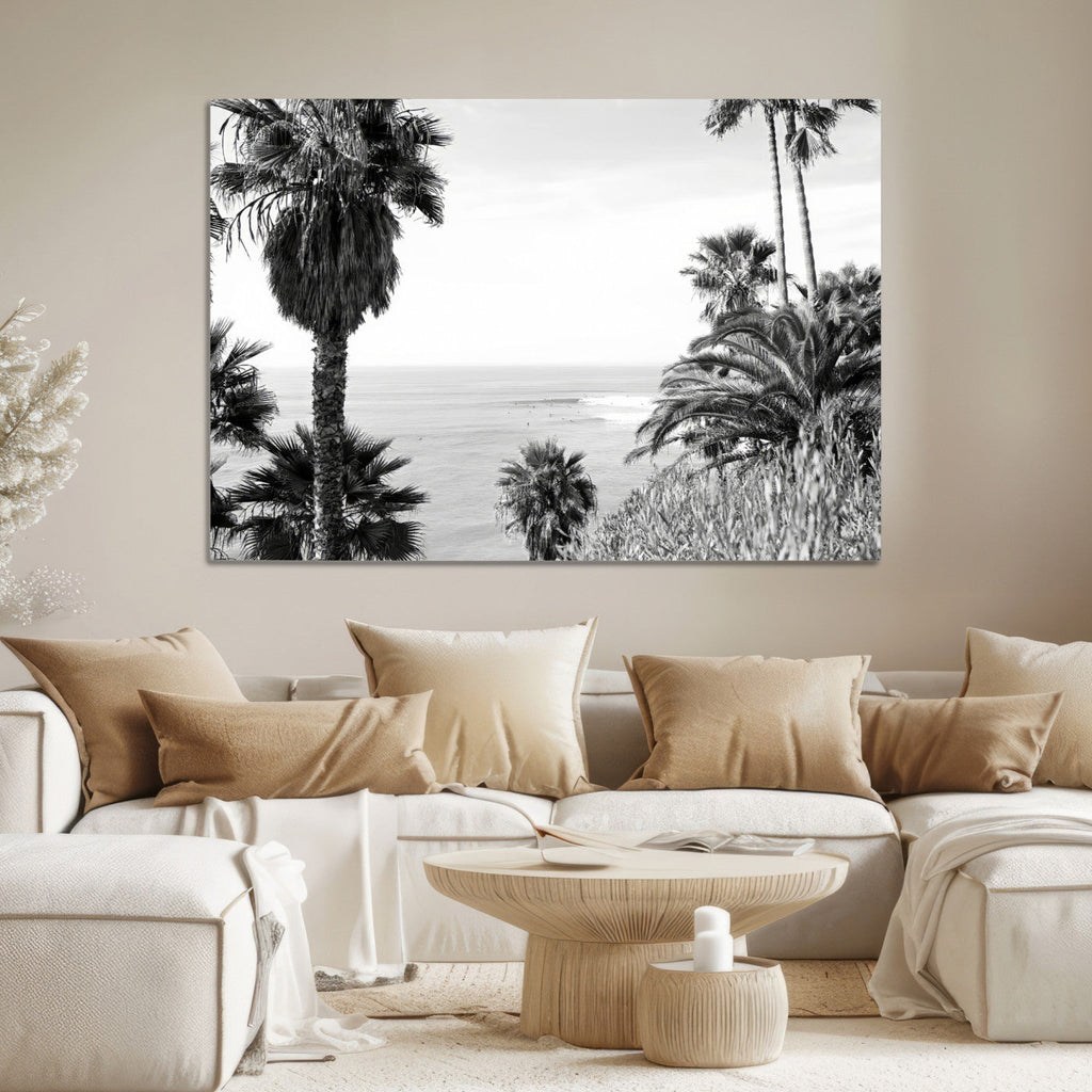 Palm Trees Wall Art Canvas Print, Framed Coastal Ocean Horizon Monochrome Art