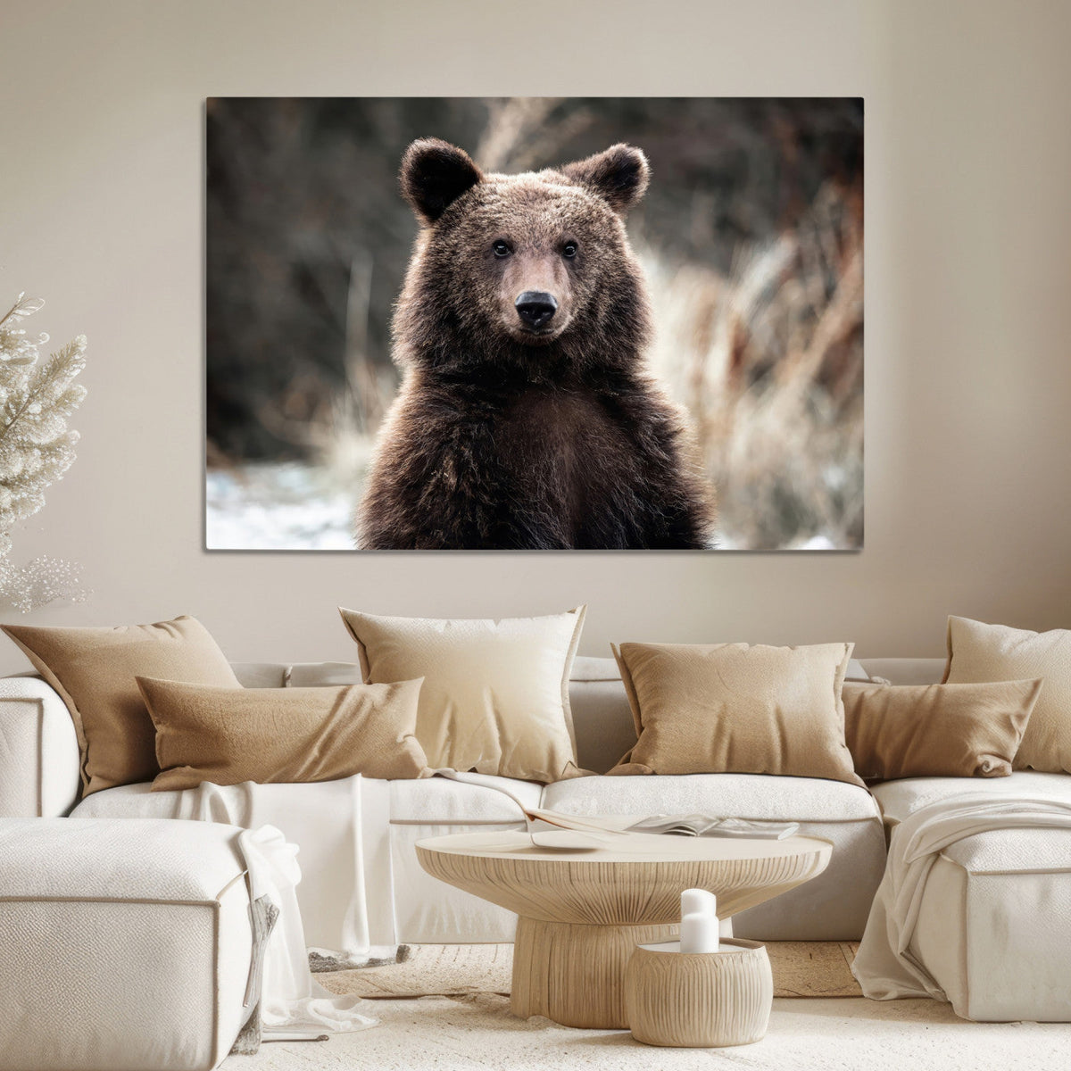 Brown Bear Wall Art Canvas Print, Framed Majestic Woodland Wildlife Cabin Art