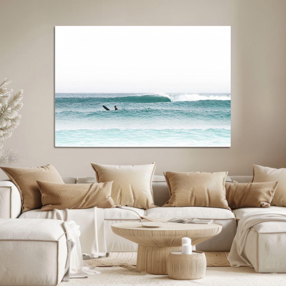 Surfing Wall Art Canvas Print, Framed Minimalist Ocean Waves Beach Art
