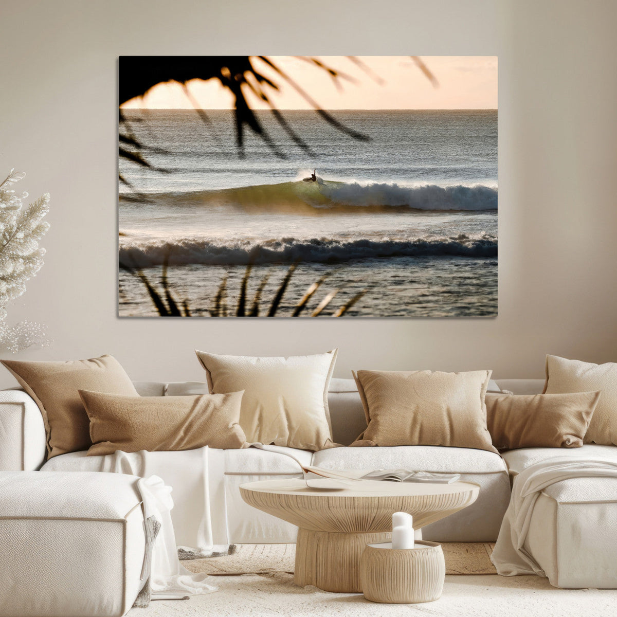 Sunset Surf Wall Art Canvas Print, Framed Golden Hour Waves Boho Beach Art