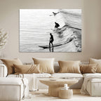 Surfers on Waves Wall Art Canvas Print | Framed Black and White Surf