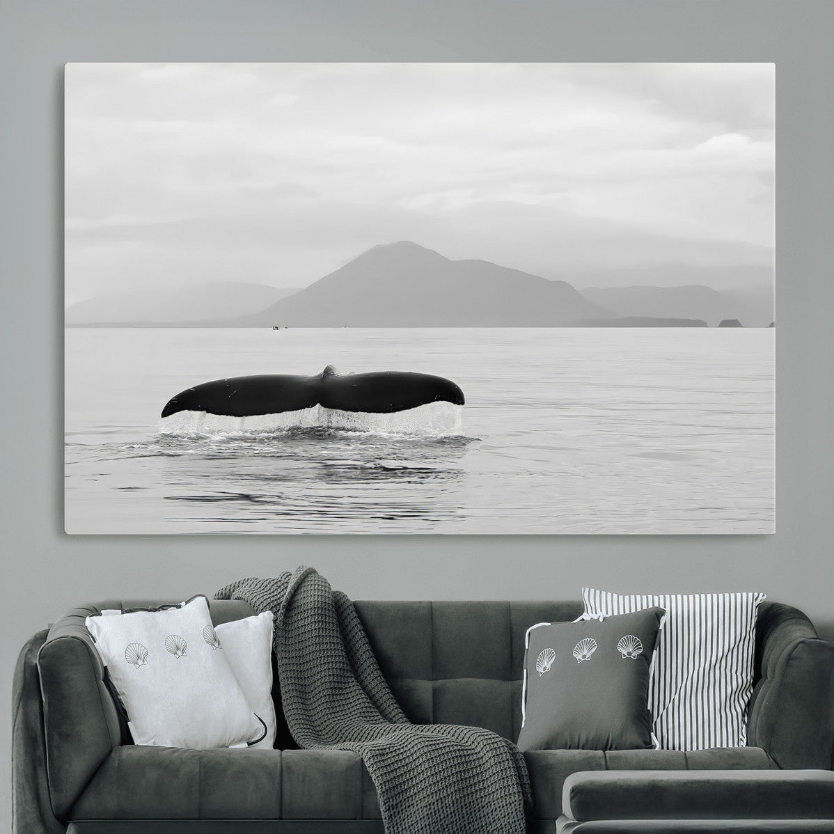 Whale Tail Wall Art | Framed Black White Ocean Canvas