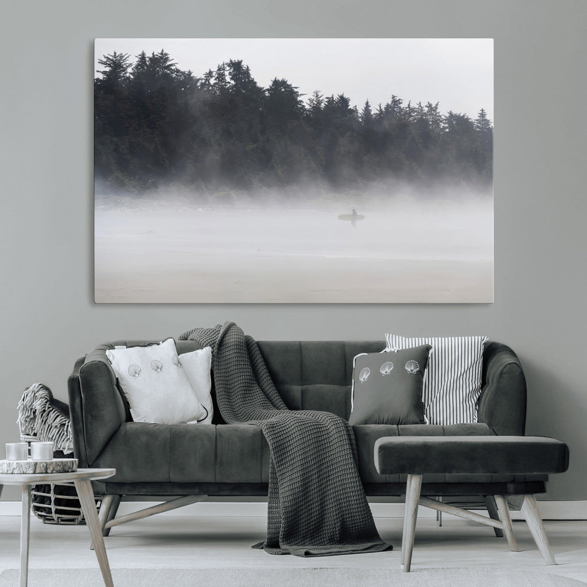 Surfer Fog Wall Art Canvas Print, Framed Foggy Beach and Coastal Surf Scene