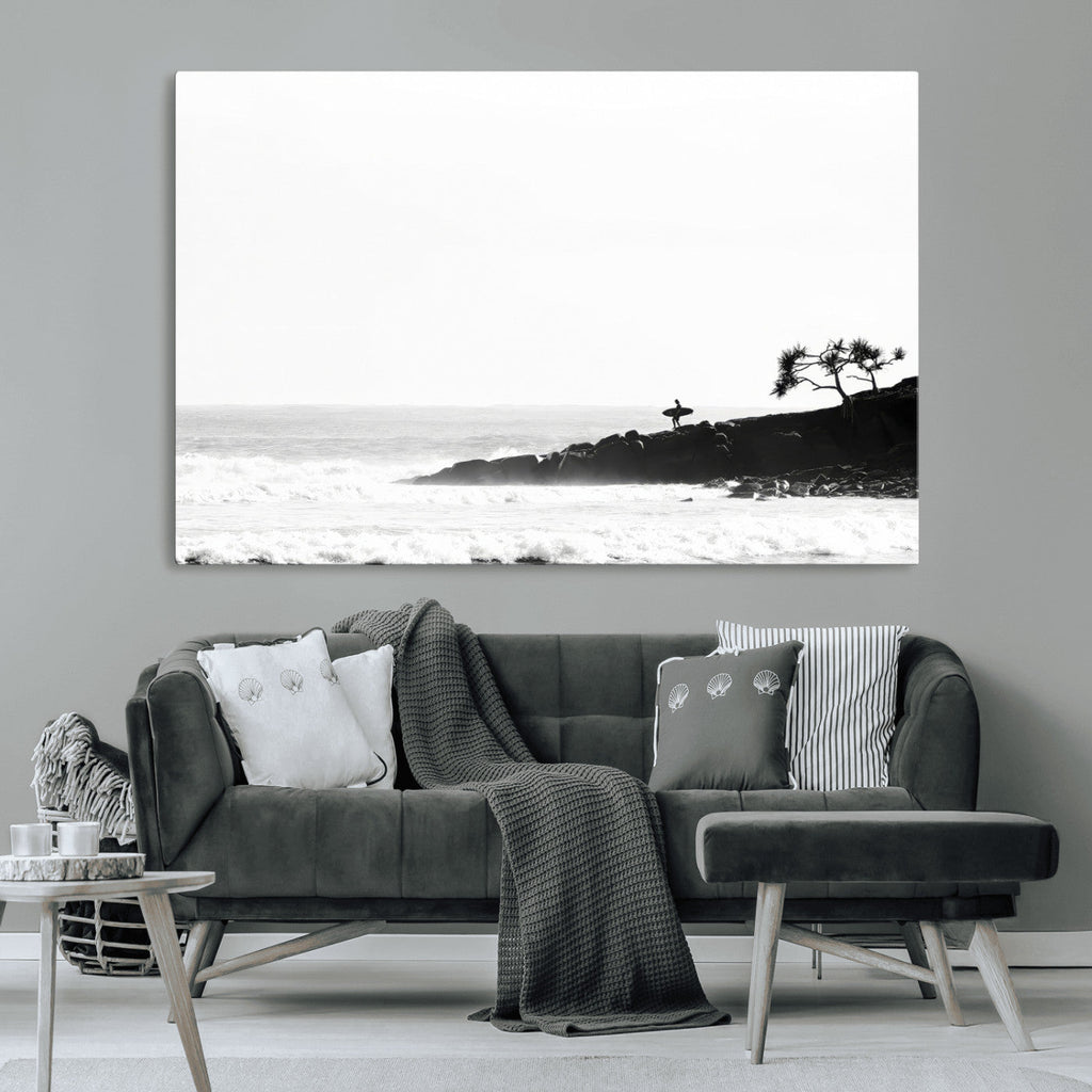Surfer Cliffs Wall Art Canvas Print, Framed Black White Beach and Ocean Waves