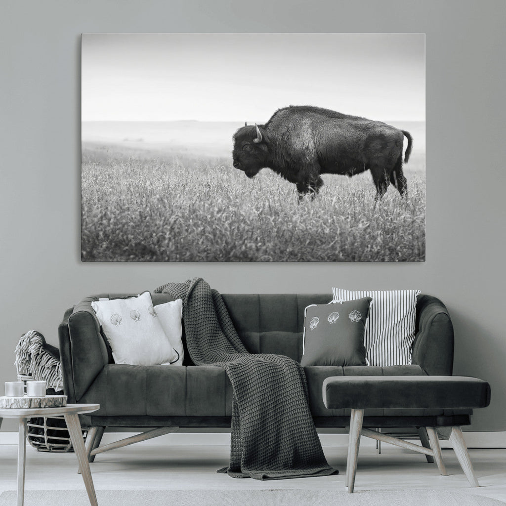 Bison Wall Art Canvas Print, Framed Rustic Wildlife Scene with Wild Buffalo